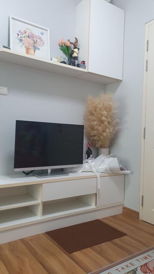 Living room with cabinet, TV, shelves, and decor