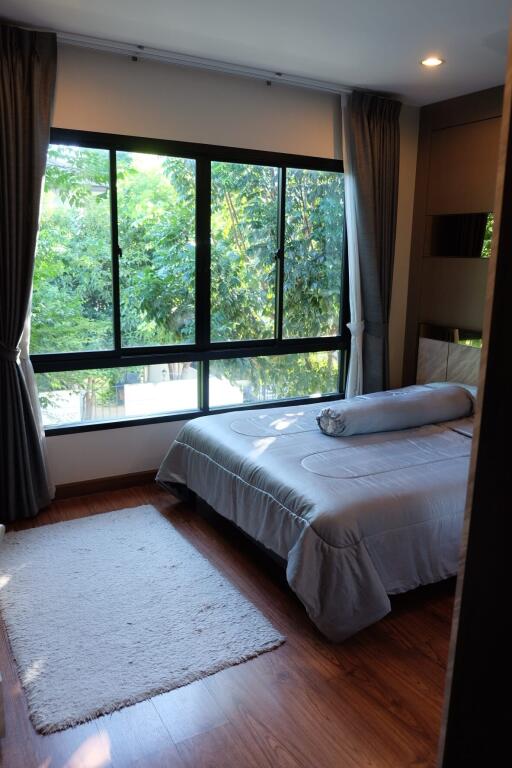 Cozy bedroom with large window and natural light