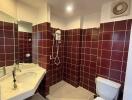 Modern bathroom with tiled shower area and toilet