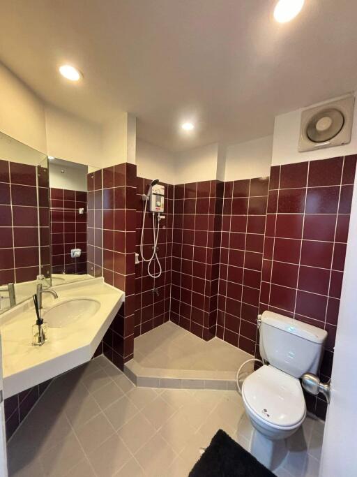 Modern bathroom with tiled shower area and toilet