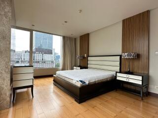 Modern bedroom with large windows and city view