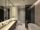 Modern bathroom with marble tiles, dual sinks, shower area, and free-standing bathtub