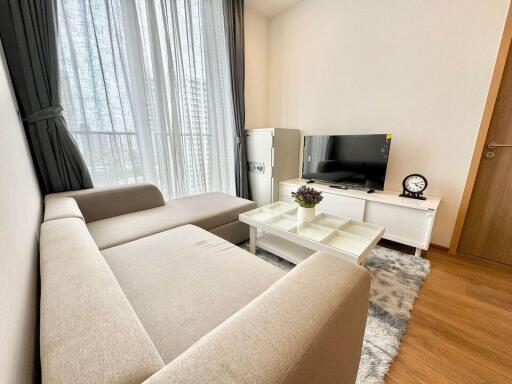 Modern living room with a large window, grey sofa, TV, and coffee table