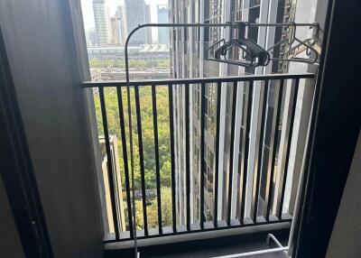 Balcony view with clothes rack