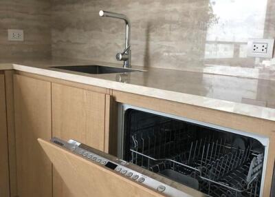 Modern kitchen with built-in dishwasher and cabinet storage