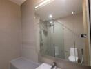 Modern bathroom with glass shower and large mirror