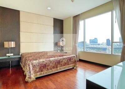 Modern bedroom with a large window and city view