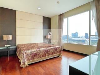 Modern bedroom with a large window and city view