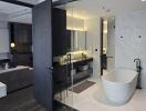 Modern bathroom with bathtub and double vanity