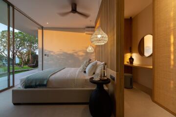 Modern bedroom with a large glass wall, cozy bed, and decorative elements.