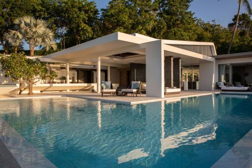 Modern outdoor view of a luxury villa with a large swimming pool