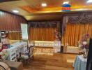 Living area with decorated curtains and wooden furnishings