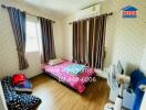 Cozy bedroom with pink bed, window, and brown curtains