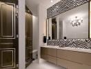 Modern bathroom with large mirror and stylish wall tiles