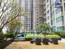 Outdoor communal area with seating at a high-rise building