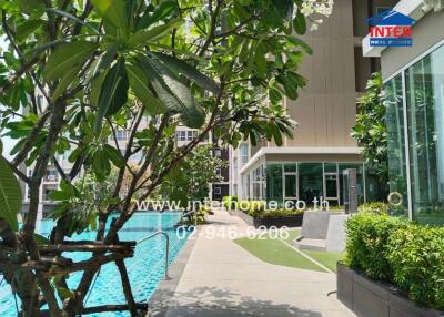 Outdoor pool area with lush greenery and modern building