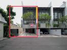 Facade of modern multi-storey townhouse complex