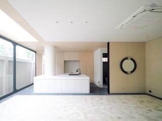 Modern kitchen with island and skylight