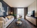 Modern living room with large TV, couch, coffee table, and a window view