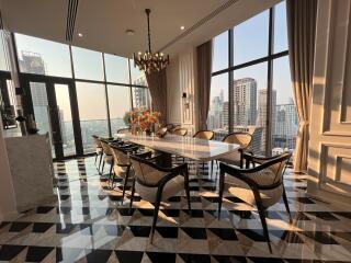 Spacious dining room with a city view