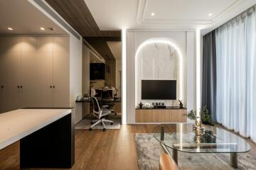 Modern living room with office space