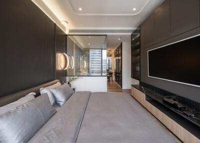 Modern bedroom with large bed, built-in cabinets, and wall-mounted TV