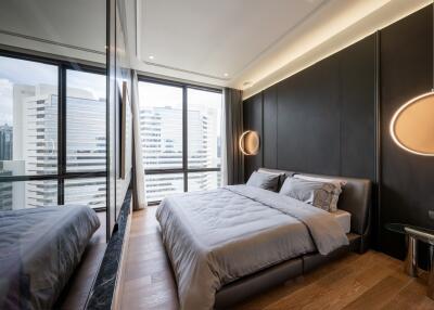 Modern bedroom with large windows and city view