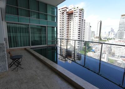 Balcony with pool and city view