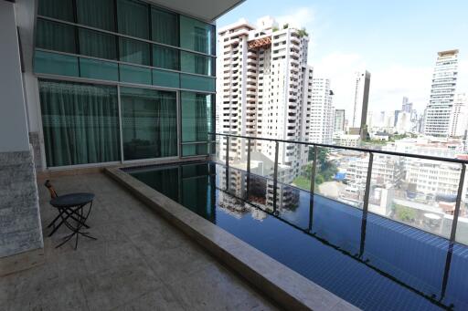 Balcony with pool and city view