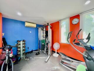 Home gym with exercise equipment and colorful walls