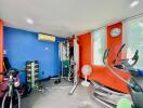 Home gym with exercise equipment and colorful walls