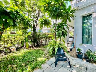 A vibrant garden area with lush greenery and seating