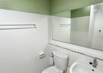 Modern bathroom with white fixtures and green walls