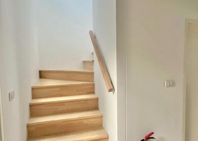 Indoor stairway with wooden steps and a handrail