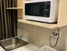 Simple kitchen setup with microwave, sink, and dish rack