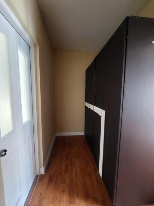 A hallway with a door and a large, dark built-in wardrobe