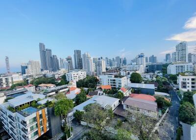 City skyline view with residential and commercial buildings