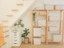 Under-stairs storage area with shelving and plants