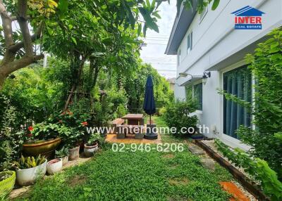 Green garden area with plants and outdoor seating