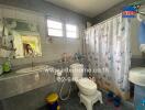 Bathroom with sink, toilet, mirror, and shower with curtain