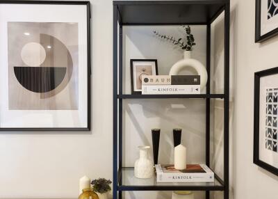 Modern styled shelf with decorative items in a living space