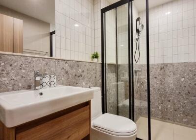 Modern bathroom with shower, sink and toilet