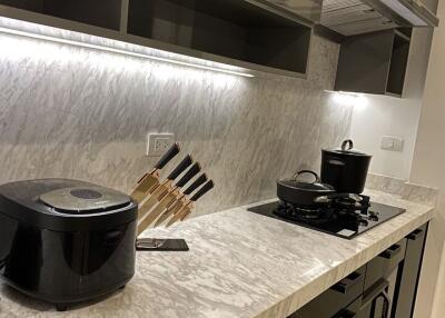 Modern kitchen with marble countertop and sleek cabinets