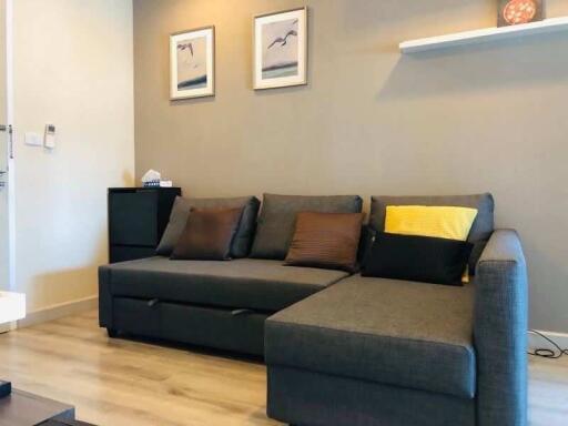 Modern living room with grey sectional sofa and decorative items