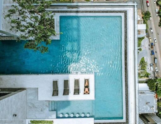 Aerial view of a swimming pool with a person sunbathing on a lounge chair