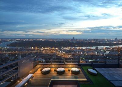 Rooftop terrace with city view during dusk