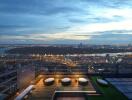 Rooftop terrace with city view during dusk