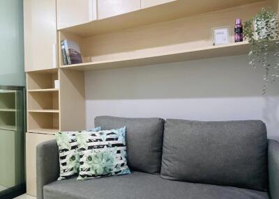 Living room with gray sofa and built-in wooden storage