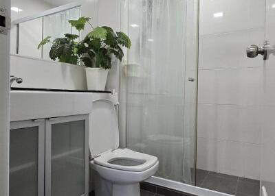 Modern bathroom with glass shower and large mirror