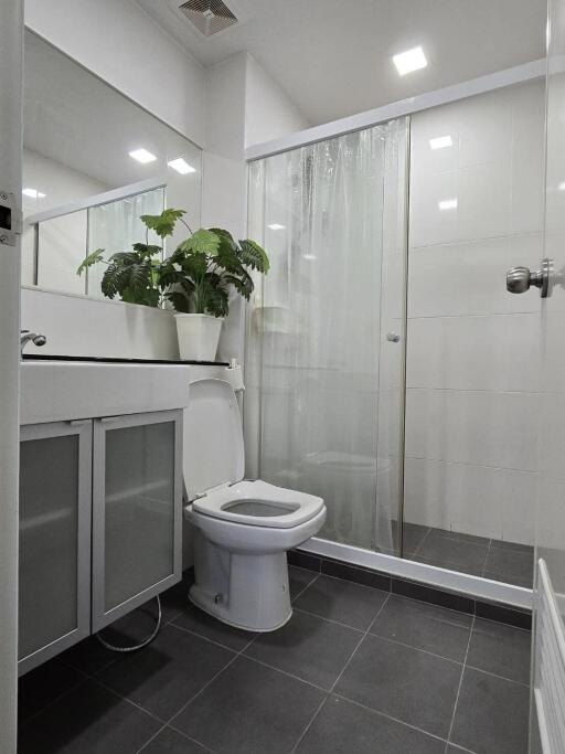 Modern bathroom with glass shower and large mirror